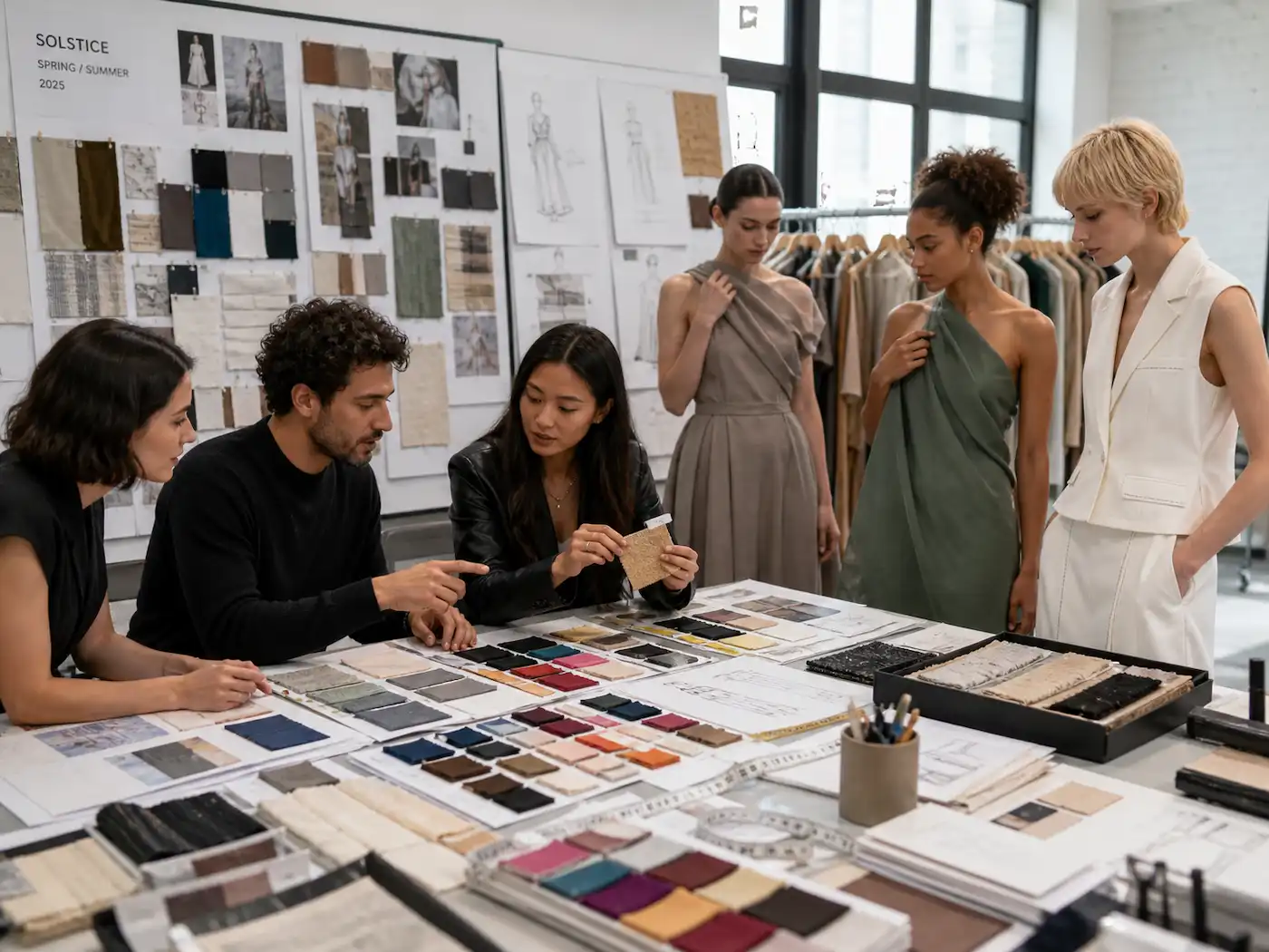 A fashion designer works at a computer in a modern studio, showcasing ai fashion industry workflows.