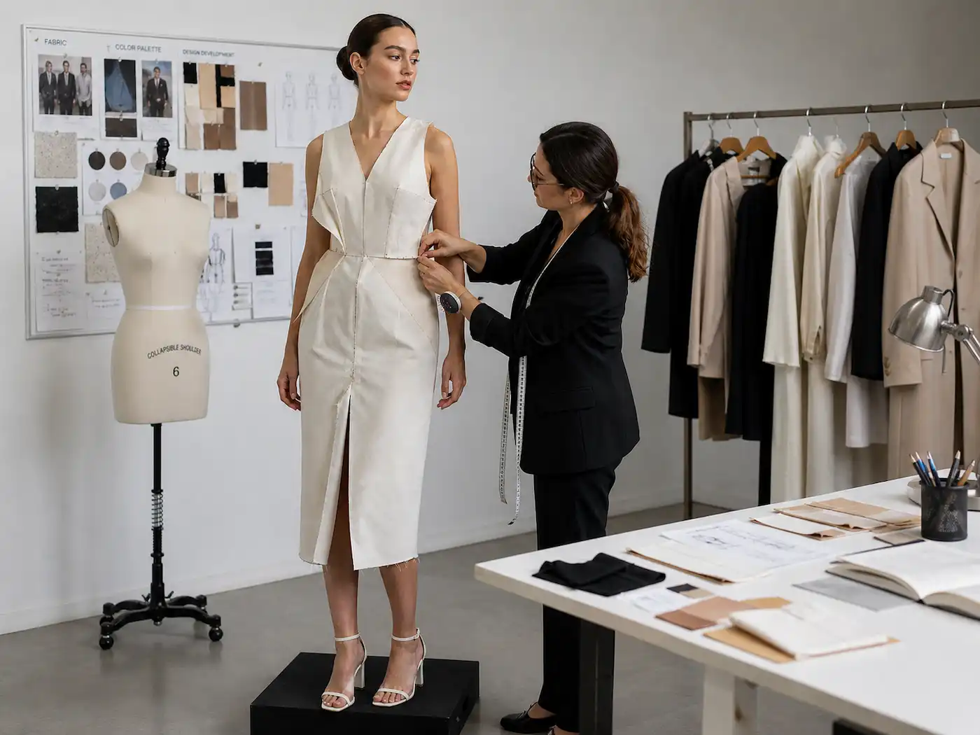 A designer adjusts a garment on a mannequin in a studio, illustrating the importance of pre-production fittings.