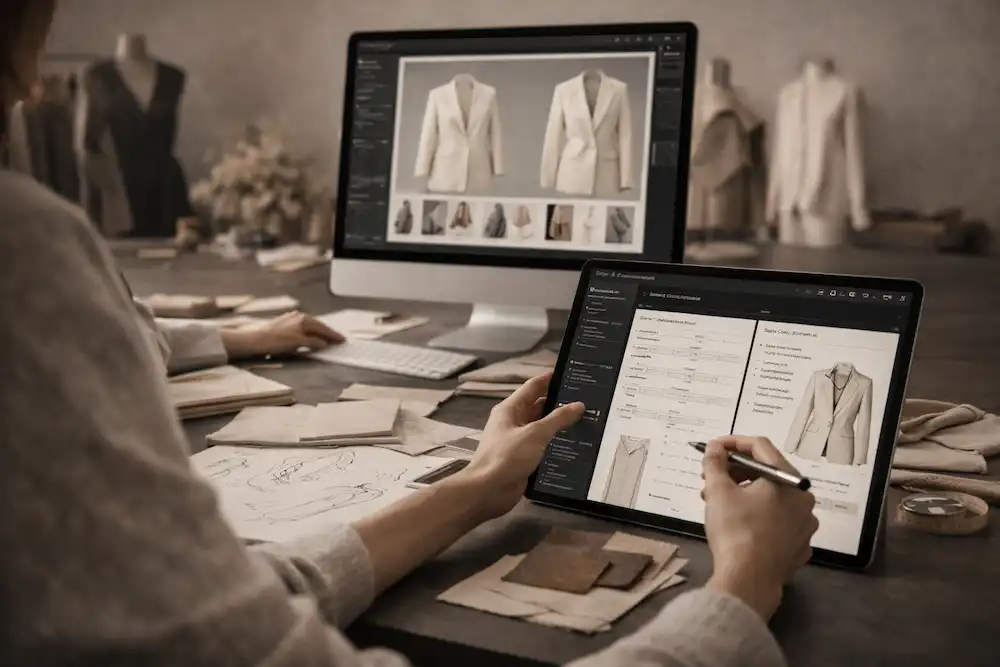A close-up of a designer's hands working on a digital fashion illustration, demonstrating collaborative fashion design in progress.