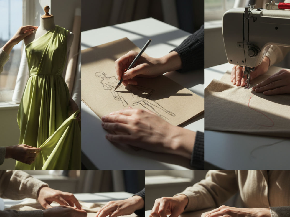 Fashion design team reviewing tech packs and a moodboard on a studio table