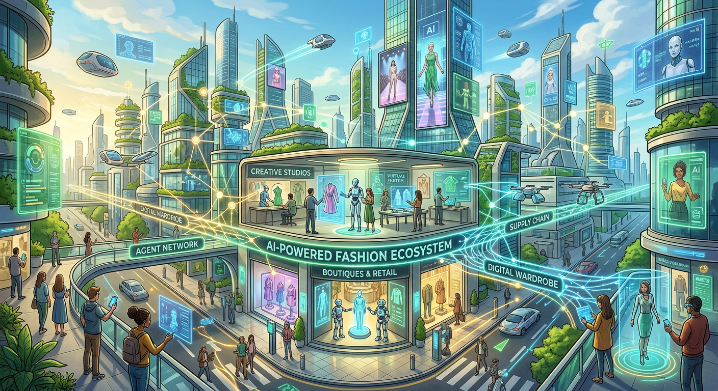 Illustration of a futuristic integrated fashion ecosystem with interconnected AI agents, showcasing a vibrant cityscape of fashion boutiques and creative studios.