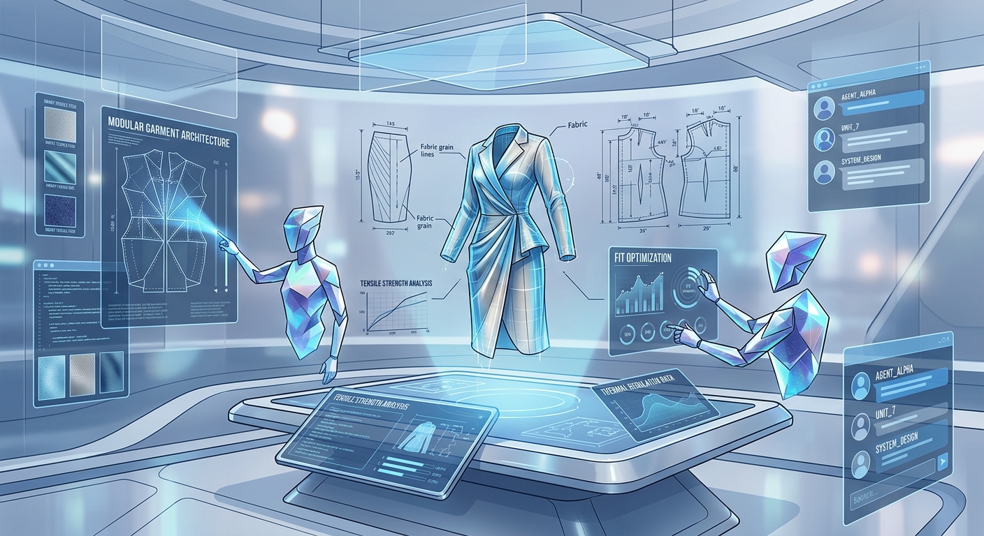 Illustration of AI agents collaborating in a digital workspace on technical design aspects of fashion, with holographic displays and 3D models.
