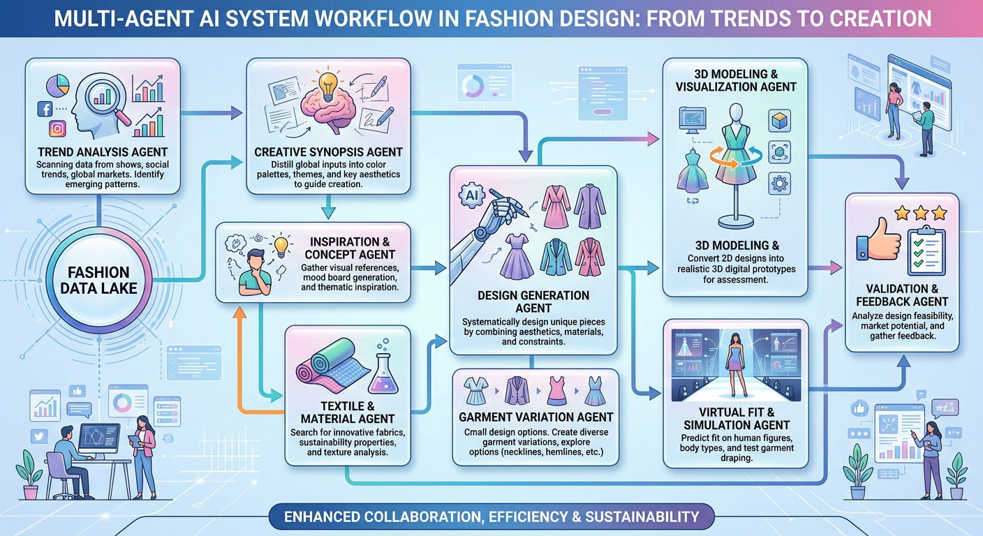 Infographic showing the workflow of multi-agent AI systems in fashion design, featuring interconnected AI agents for trend analysis, concept generation, and validation.