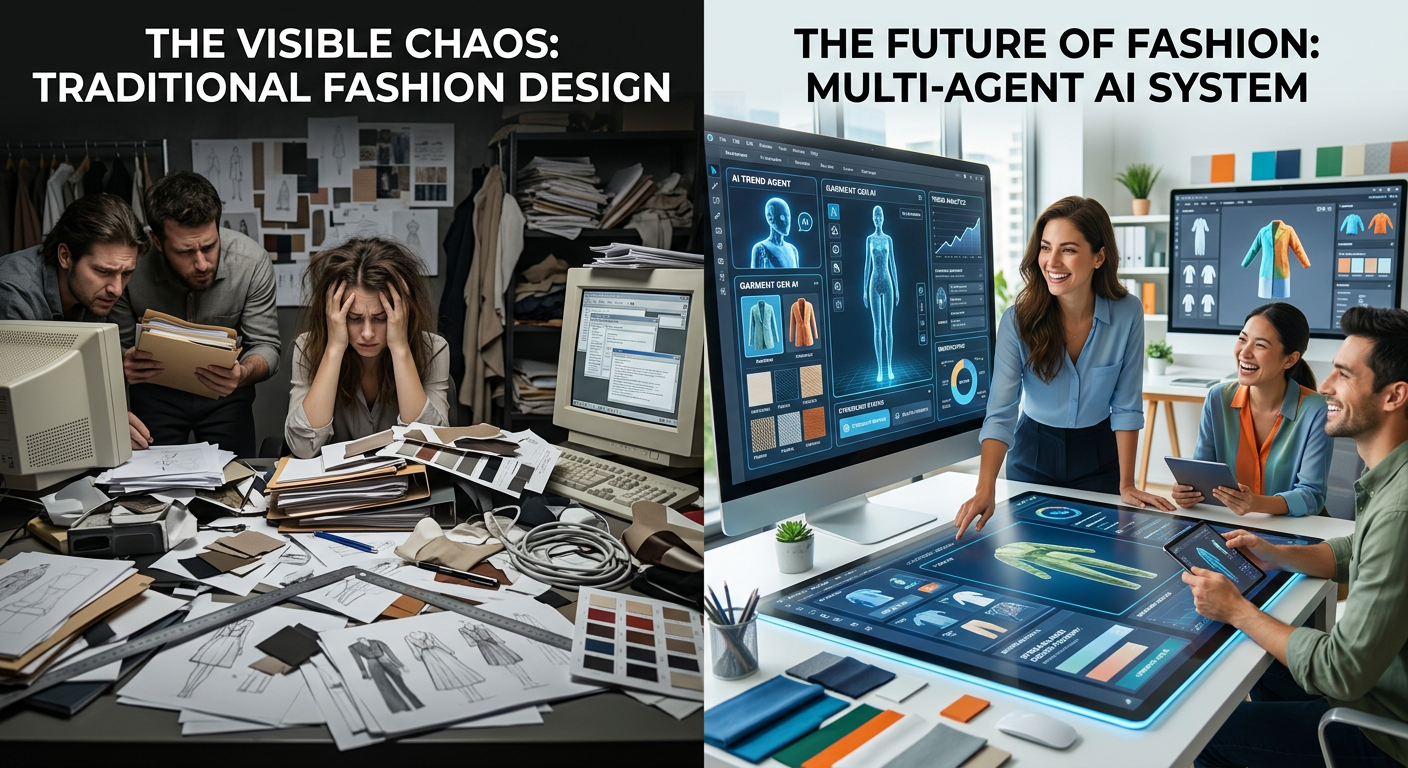 Comparison image showing traditional chaotic fashion design workflow on the left and streamlined workflow with multi-agent AI systems on the right.