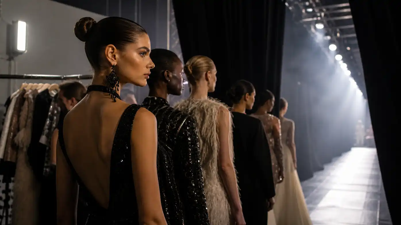 Backstage models getting ready for a show, illustrating how agentic AI in fashion can streamline preparation.