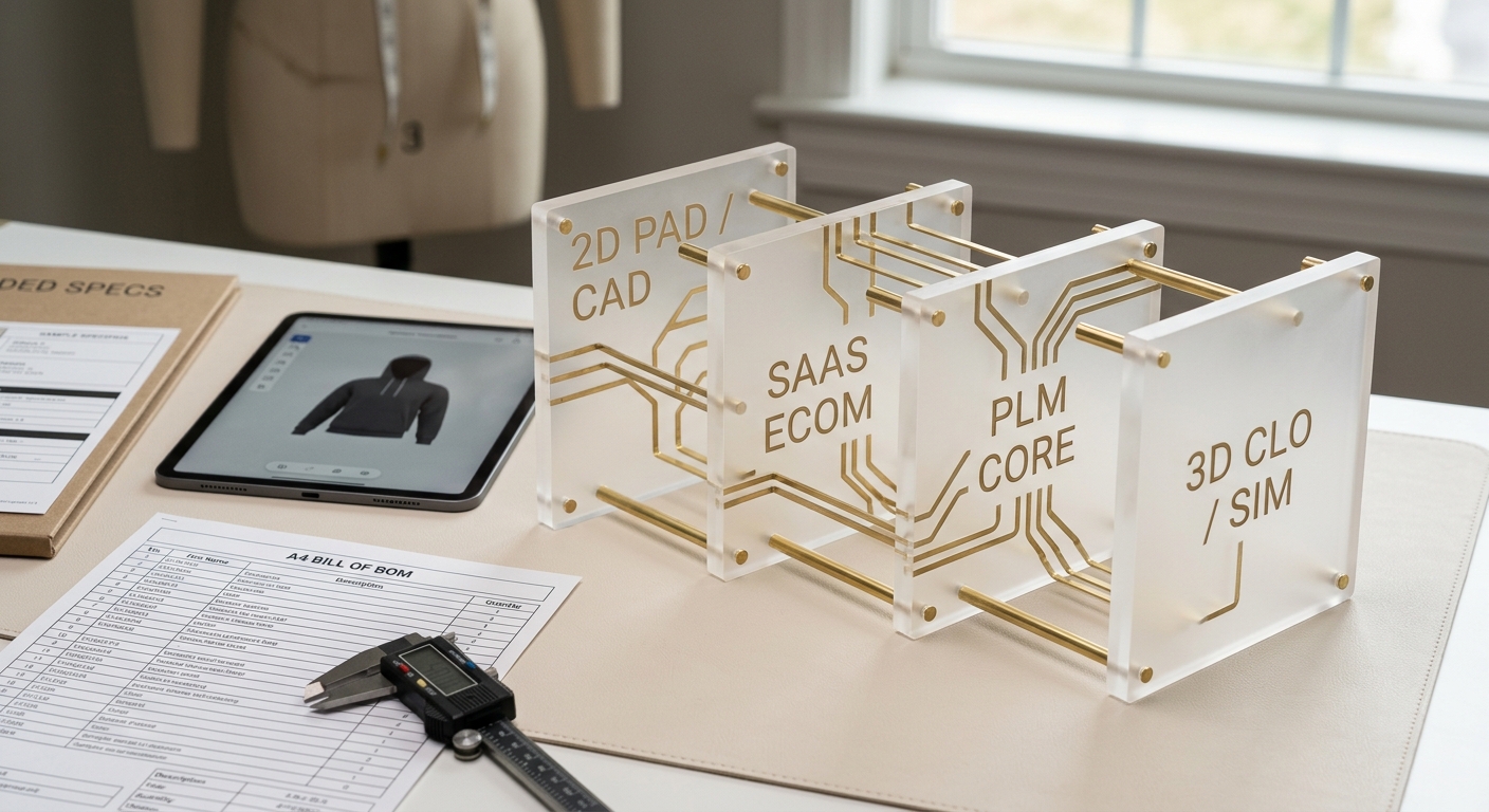 Photorealistic modular desk model with stacked acrylic tiles labeled 2D, SaaS, PLM, and 3D, linked by brass connectors to show integration paths.