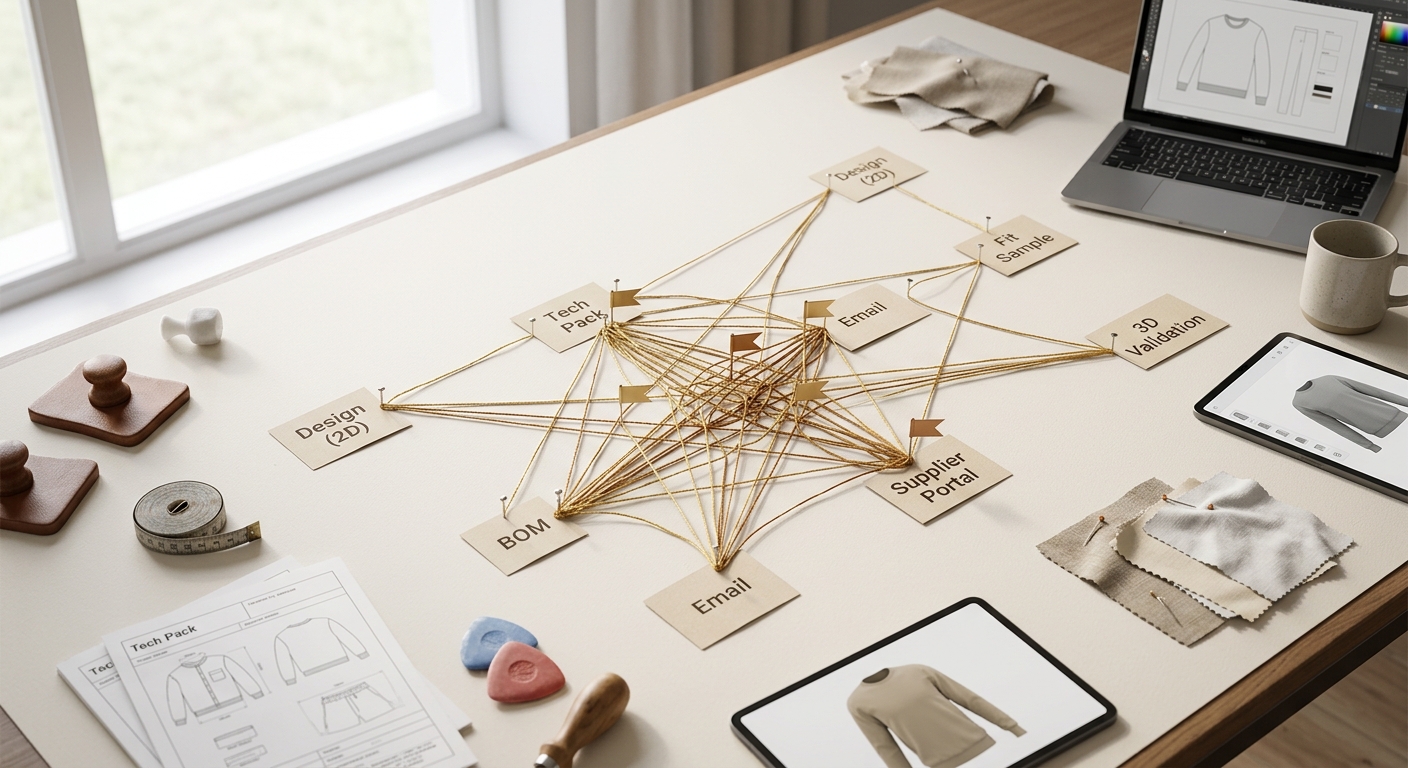Photorealistic cutting table with a physical workflow map made of gold and bronze threads, pins marking error hot spots from design to factory, surrounded by tech pack pages and tools.