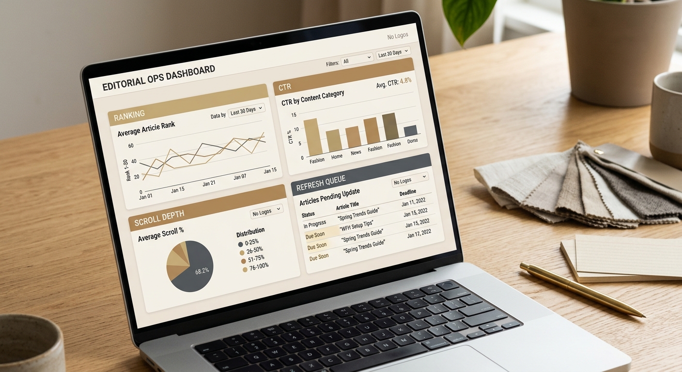 Photorealistic laptop on a minimalist desk showing a clean analytics dashboard with ranking, CTR, scroll depth, and a refresh queue in a gold-and-ecru color theme.