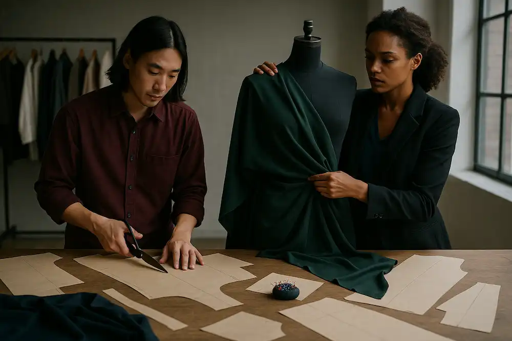 Two fashion designers collaborate on a tablet, using AI fashion design guide tools to boost their creative output.