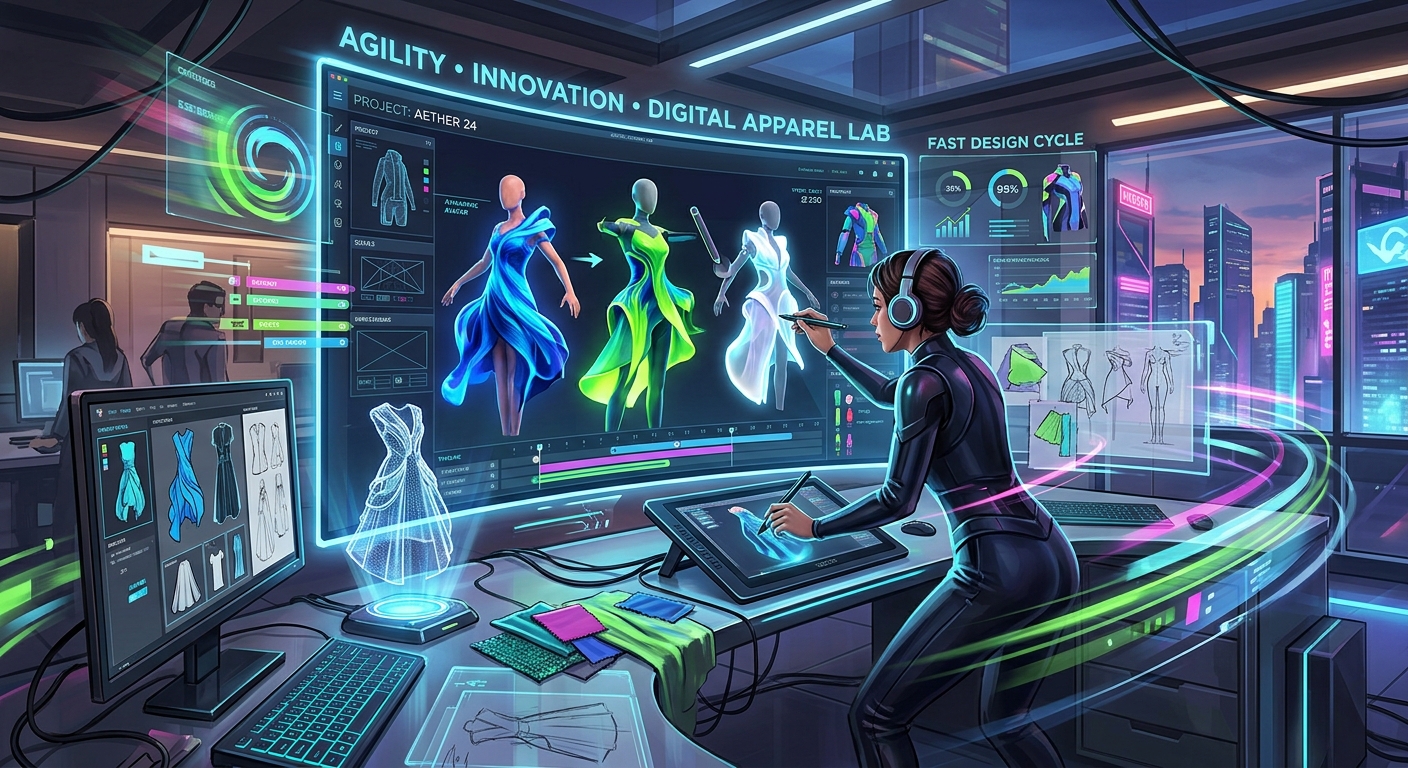 A futuristic digital fashion design workspace showcasing 3D garment prototypes and design tools, symbolizing accelerated design cycles.