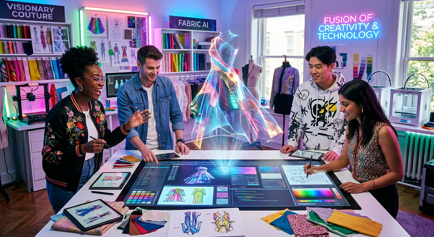 A diverse group of designers collaborating in a digital fashion design environment, showcasing creative innovation through technology.