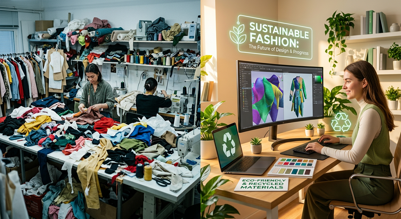 A comparison of traditional fashion design's wasteful practices versus a digital workspace focused on sustainability and eco-friendly designs.