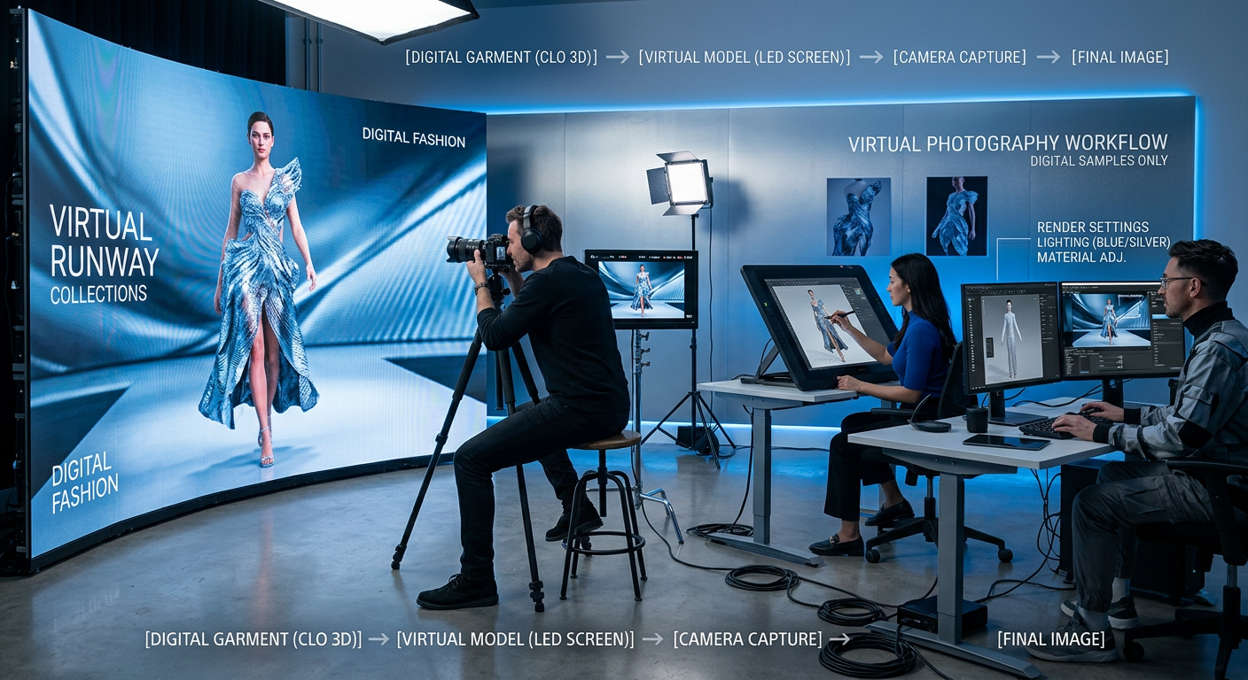 Visual representation of a virtual photography workflow in fashion, showcasing a digital model and modern studio setup.