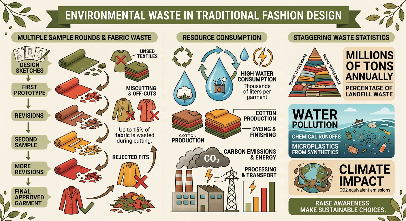 Infographic showing the environmental waste generated by traditional fashion design processes, highlighting fabric, water, and carbon emissions.