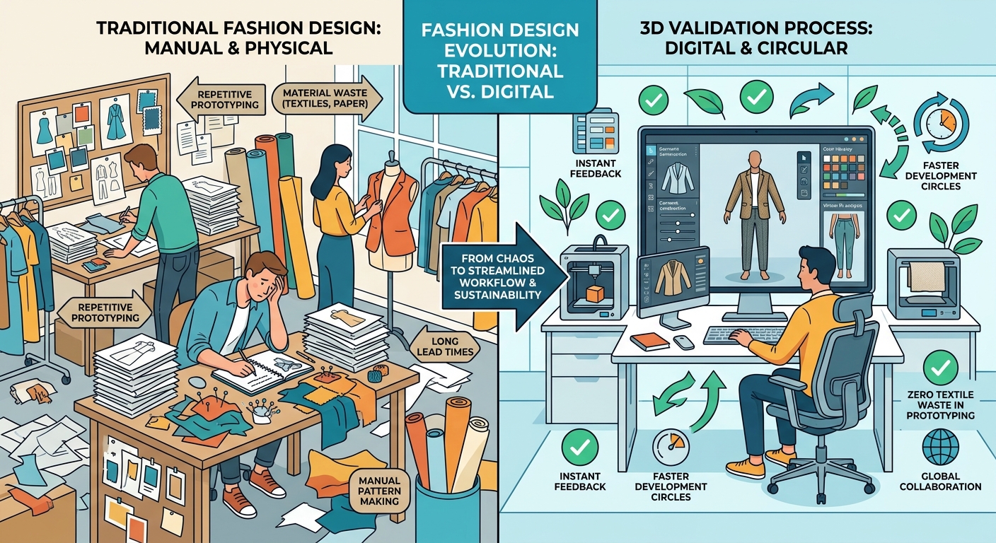 Comparison image showing traditional fashion design chaos versus the efficiency of 3D validation in a digital workspace.