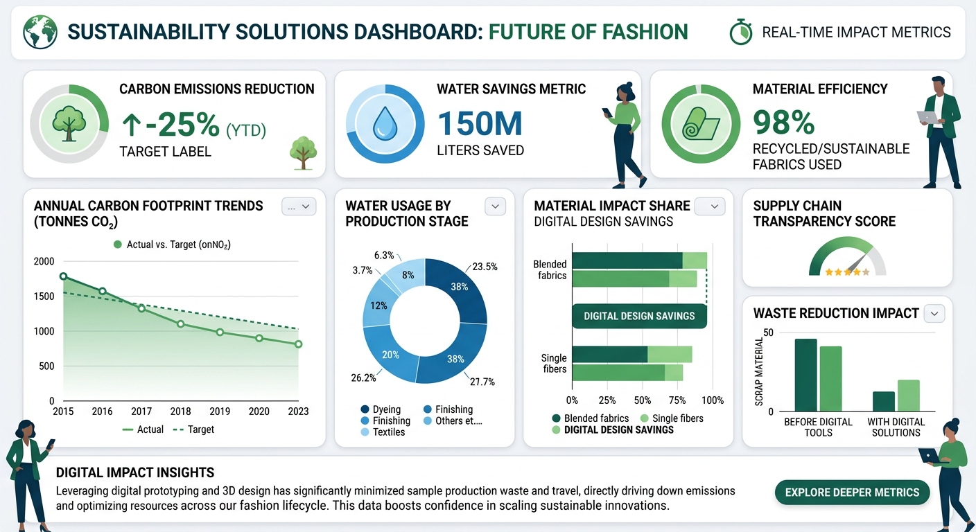 Dashboard design displaying sustainability metrics in fashion, with graphs and indicators for carbon emissions and water savings.