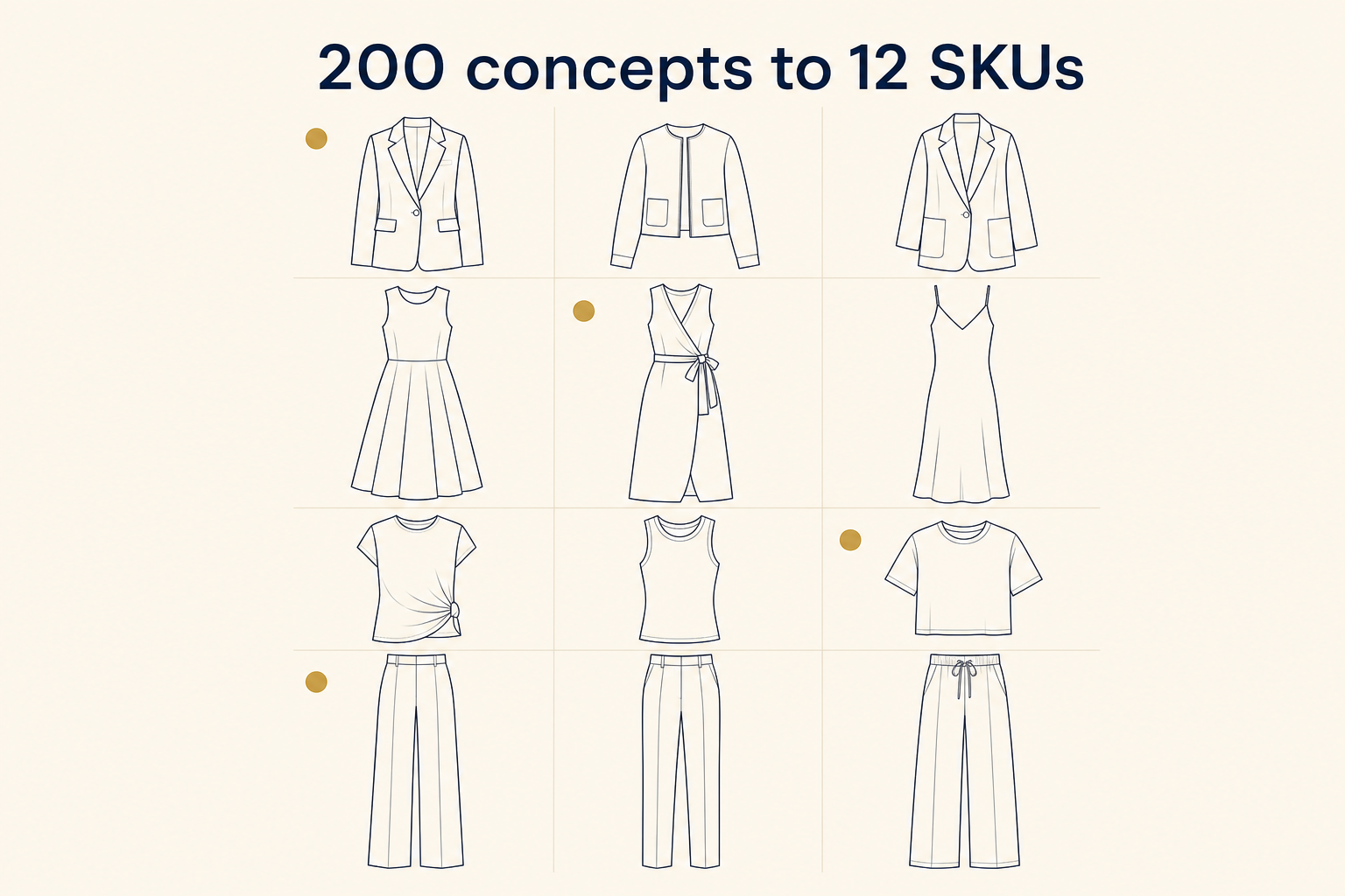 Editorial grid showing 12 apparel silhouettes selected from 200 concepts, with a small gold dot marking one selected SKU per category column across jackets, dresses, tops, and trousers