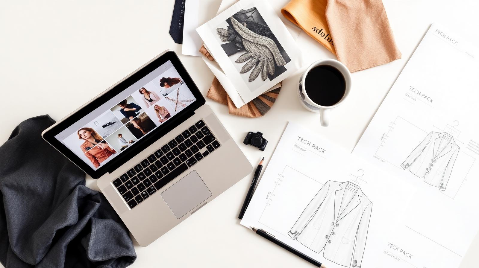 Creative director's desk showing a fashion moodboard on a laptop, fabric swatches, a jacket sketch and tech pack pages
