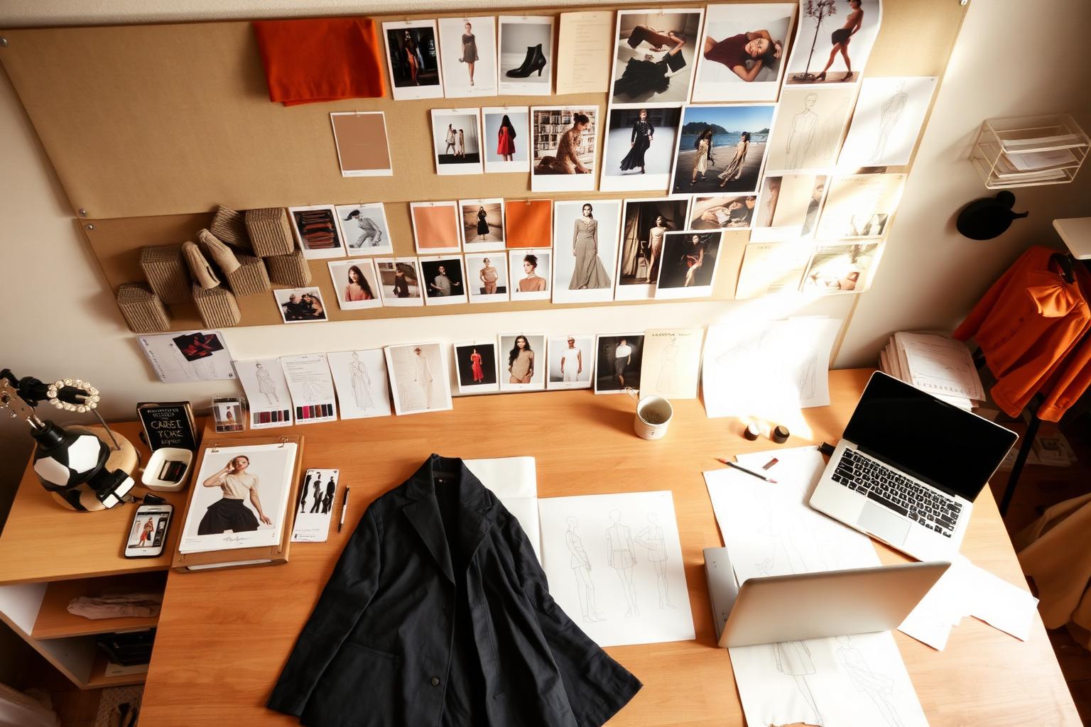 Overhead view of a fashion designer's studio table with a moodboard of references, fabric swatches, color cards, garment flats, and a draped jacket.