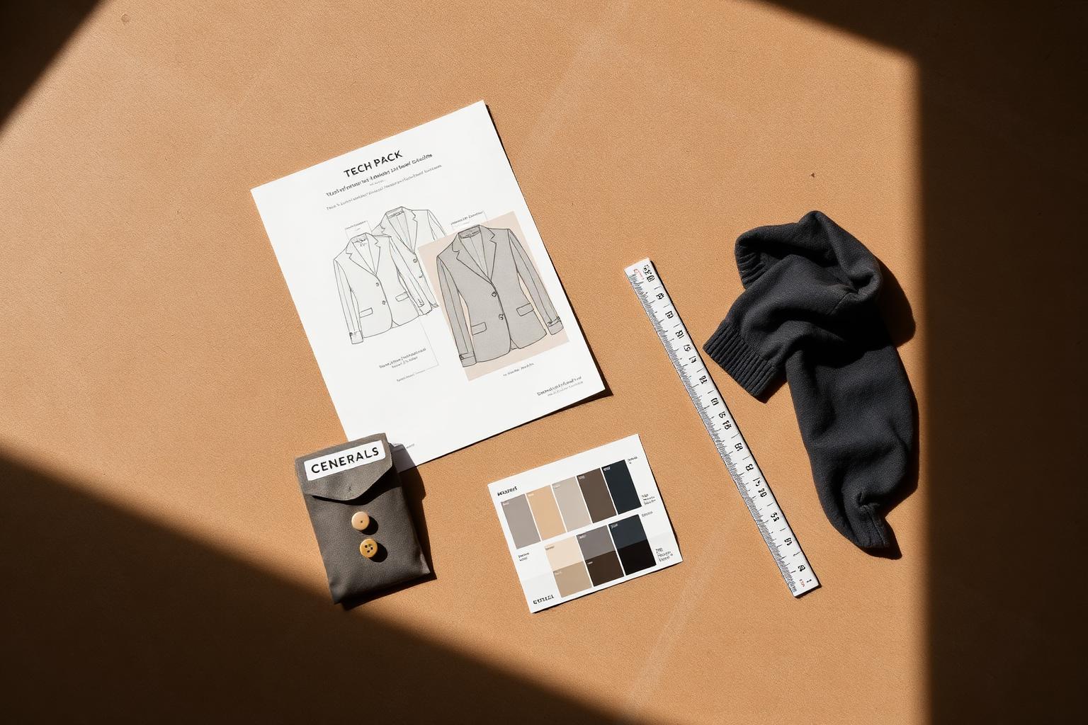 Editorial flat-lay of a printed tech pack with jacket flats, fabric swatches, trim bag, color chips, and a measurement ruler on a warm studio surface.