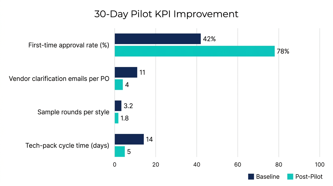 Horizontal bar chart: baseline vs post-pilot KPI improvements for tech-pack cycle time, sample rounds, vendor clarification, and approval rate