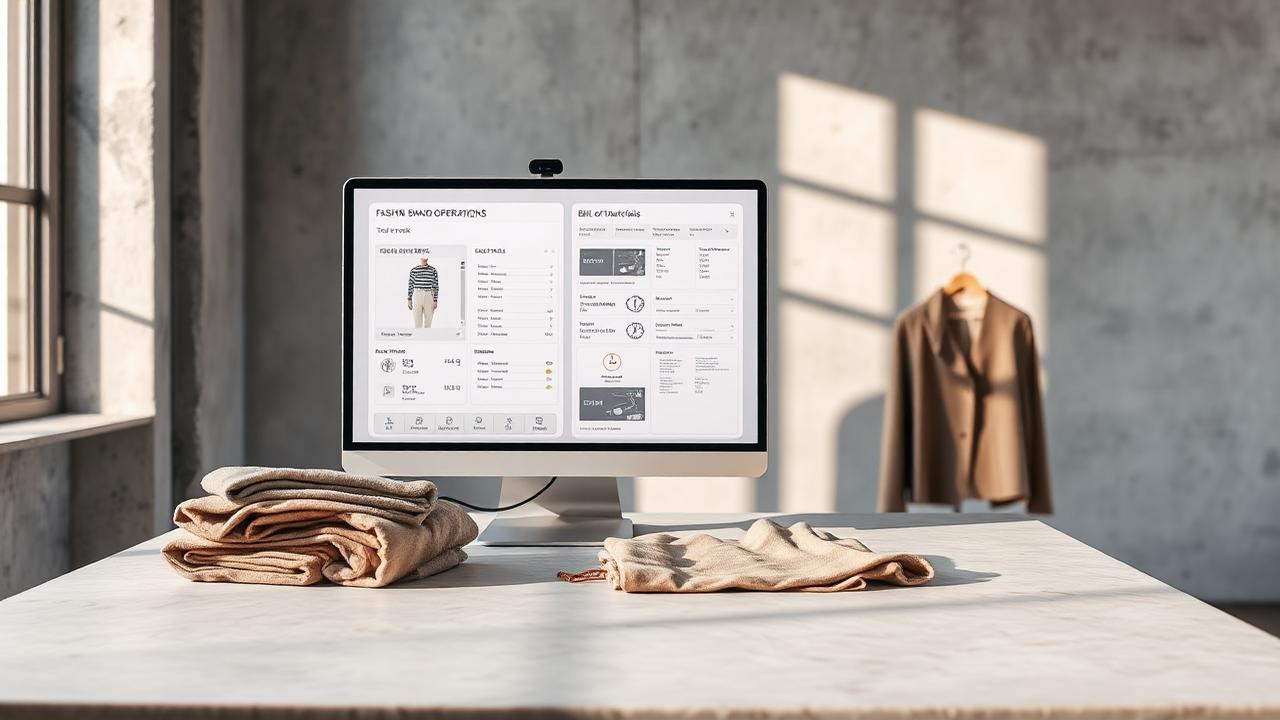 Modern fashion brand operations workspace with a digital tech pack on a monitor next to fabric swatches