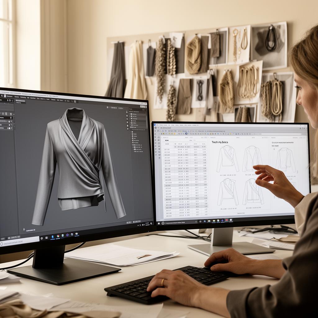 In-house fashion design studio with 3D garment on one monitor and auto-generated tech pack on the other