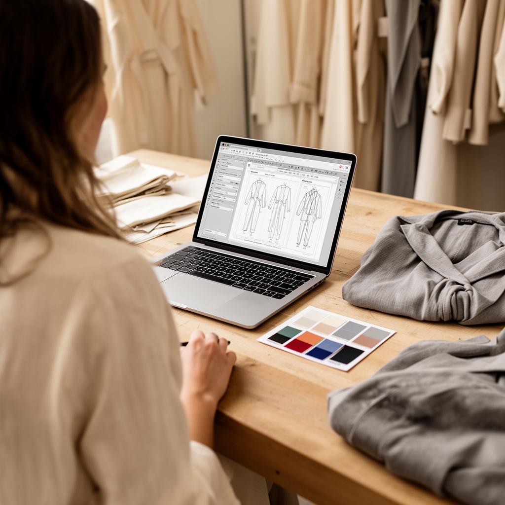 Small fashion brand founder-designer at studio table with laptop showing a tech pack, fabric swatches and a sample garment alongside