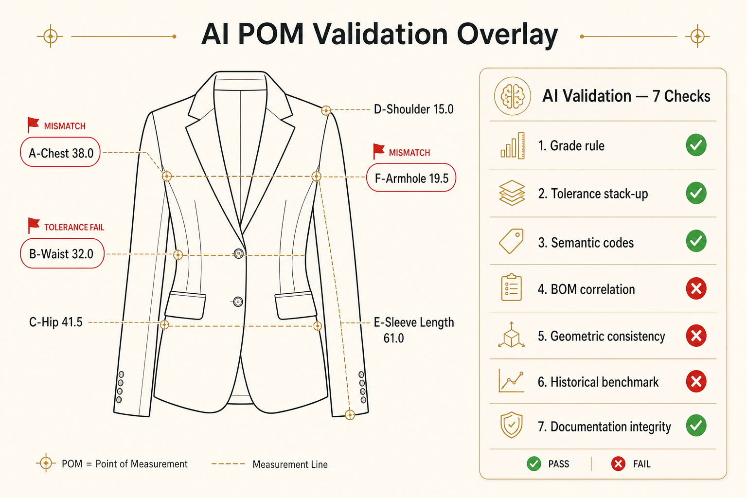 Annotated technical sketch of a tailored blazer with AI-flagged POM callouts (chest, waist, armhole) and a side panel scoring all 7 validation checks as pass or fail