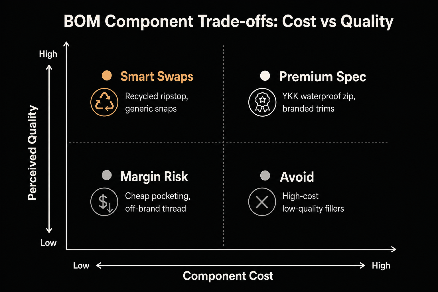 2x2 quadrant of BOM component trade-offs plotting component cost against perceived quality, highlighting smart swaps versus premium spec, margin risk and avoid zones.