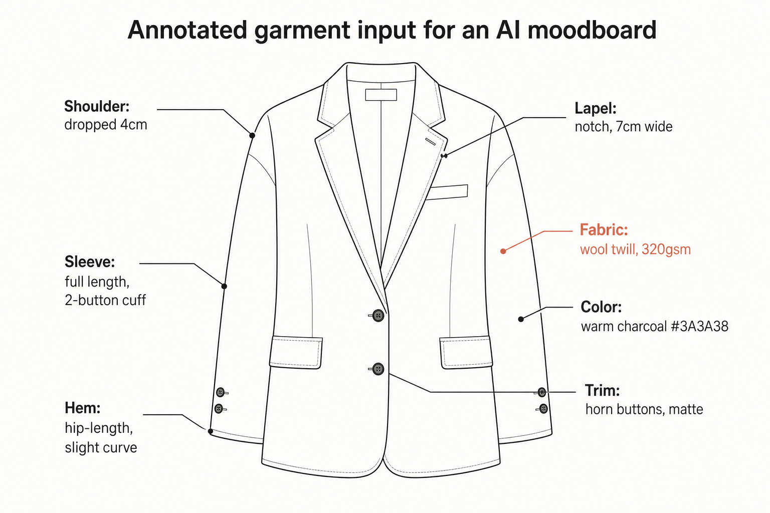Annotated blazer flat with callouts for shoulder drop, lapel width, sleeve length, hem shape, fabric weight, color hex and trim, showing the level of detail an AI moodboard needs.