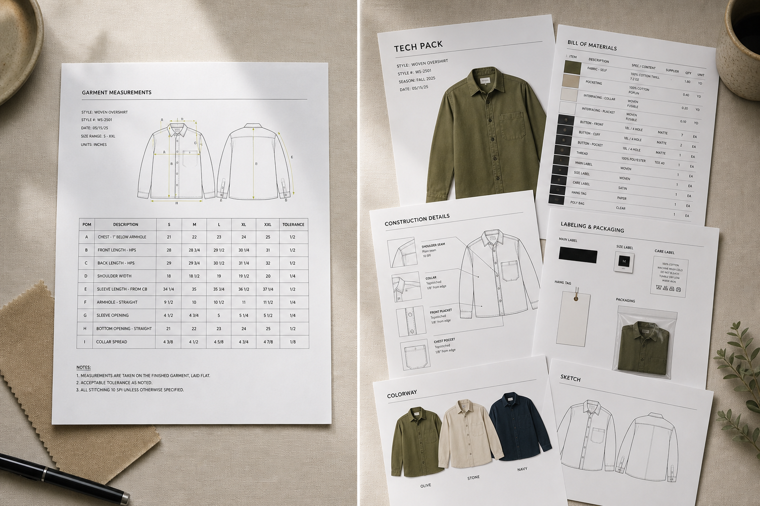 A spec sheet is one document inside a tech pack. The tech pack also includes BOM, construction notes, grading, labeling, and packaging. Full breakdown.