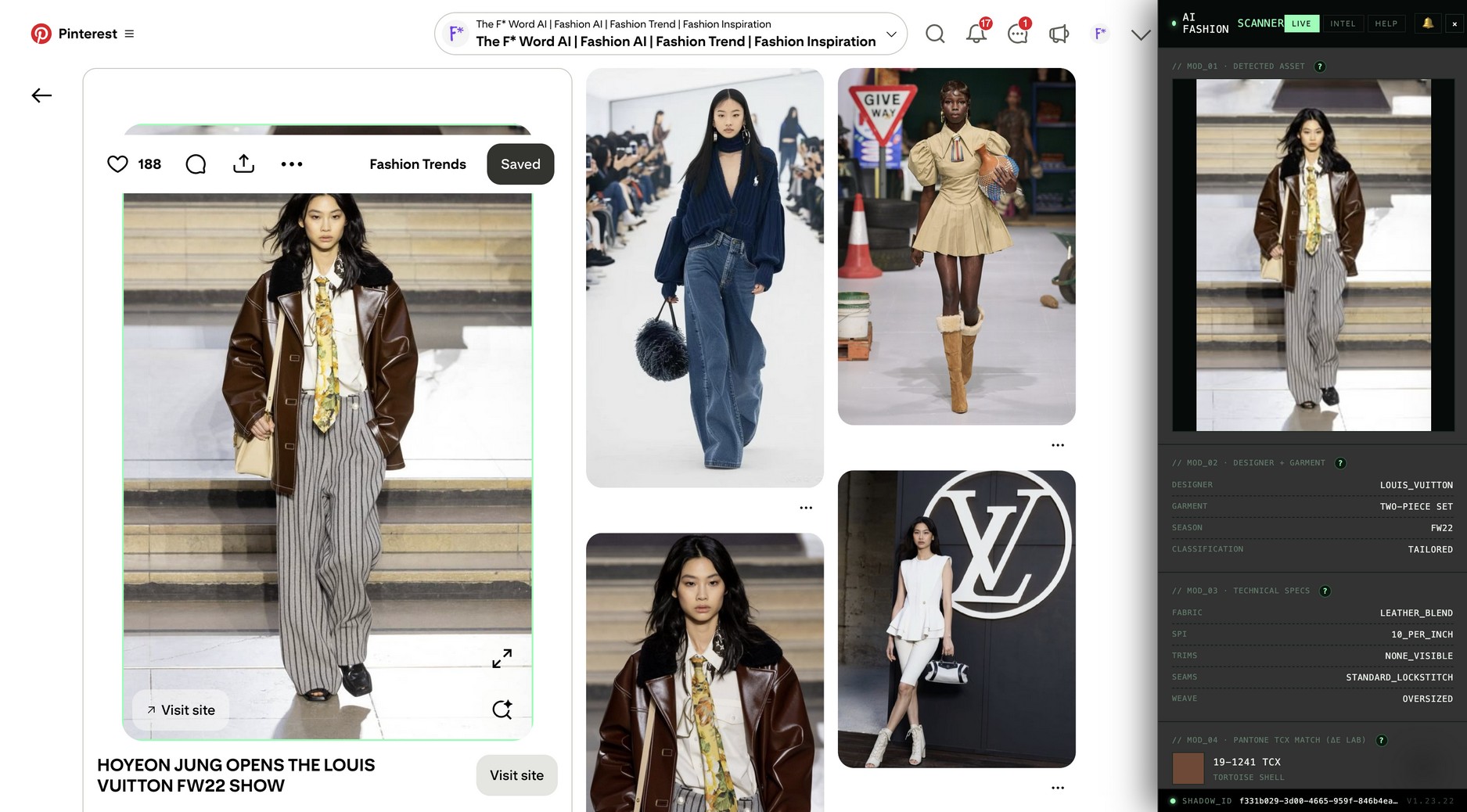AI Fashion Scanner sidebar pinned to a Vogue Runway product page showing Pantone TCX swatches and fabric, stitch, and hardware tags