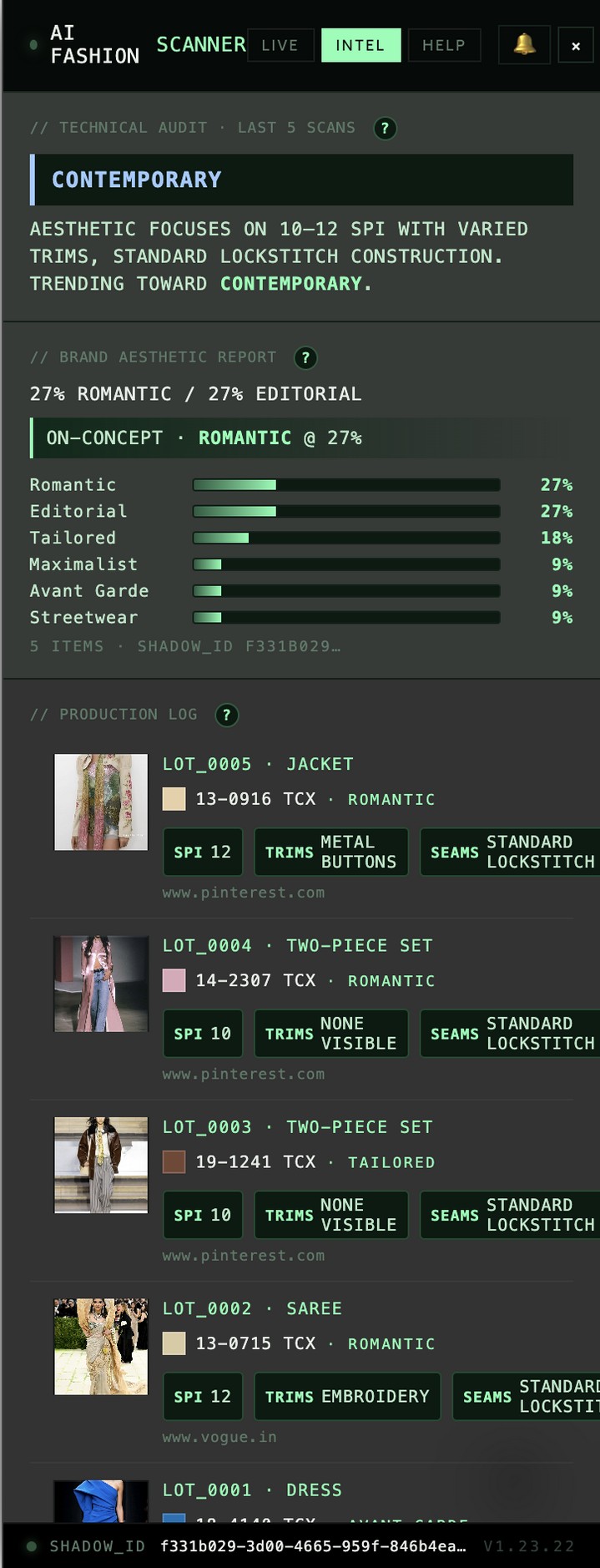 Scanner history panel showing six or more pinned audits each with fabric and Pantone tags visible