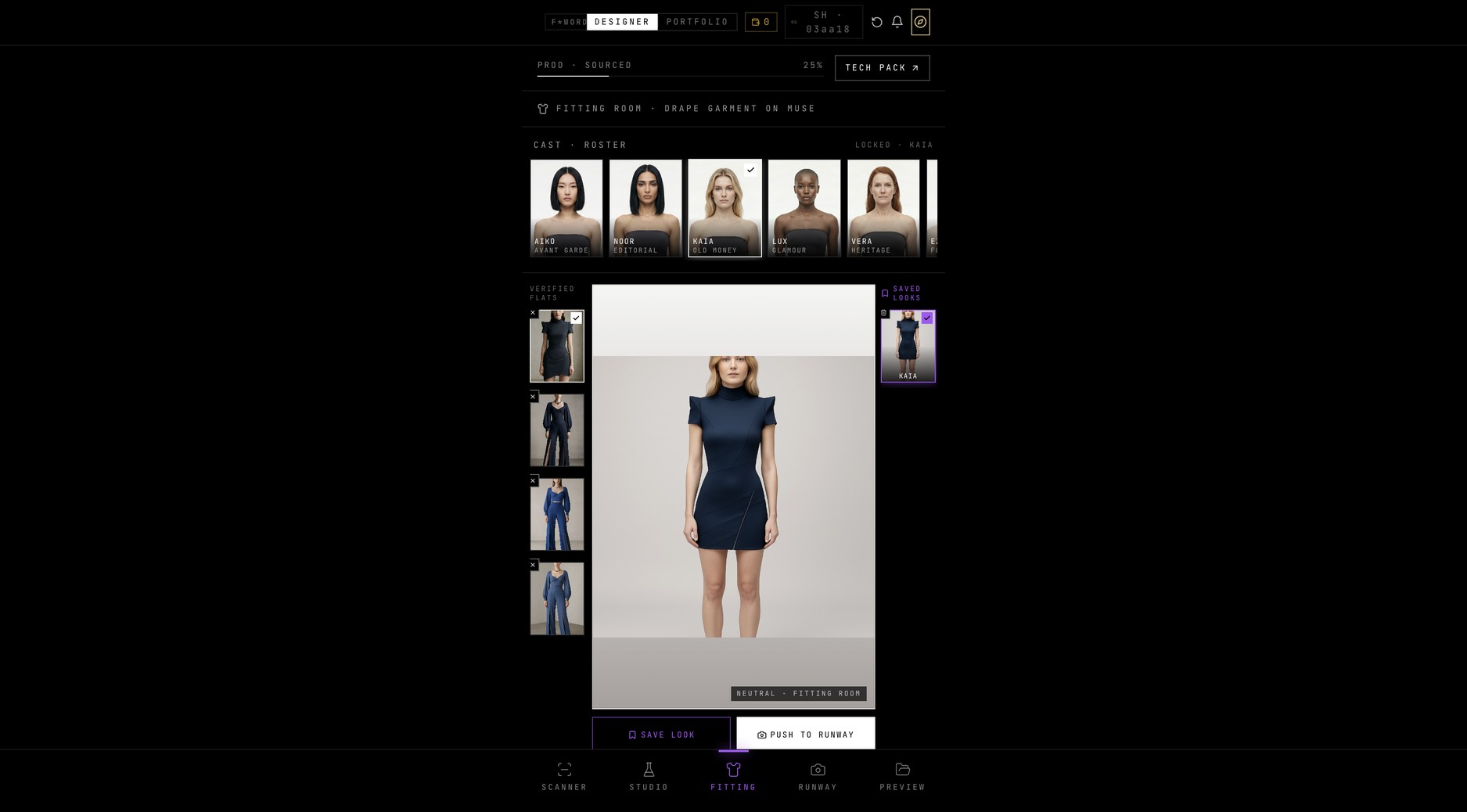 The Designer Truth slot showing a complete jacket tech flat with front back and side views, callouts, BOM, and tolerance schedule