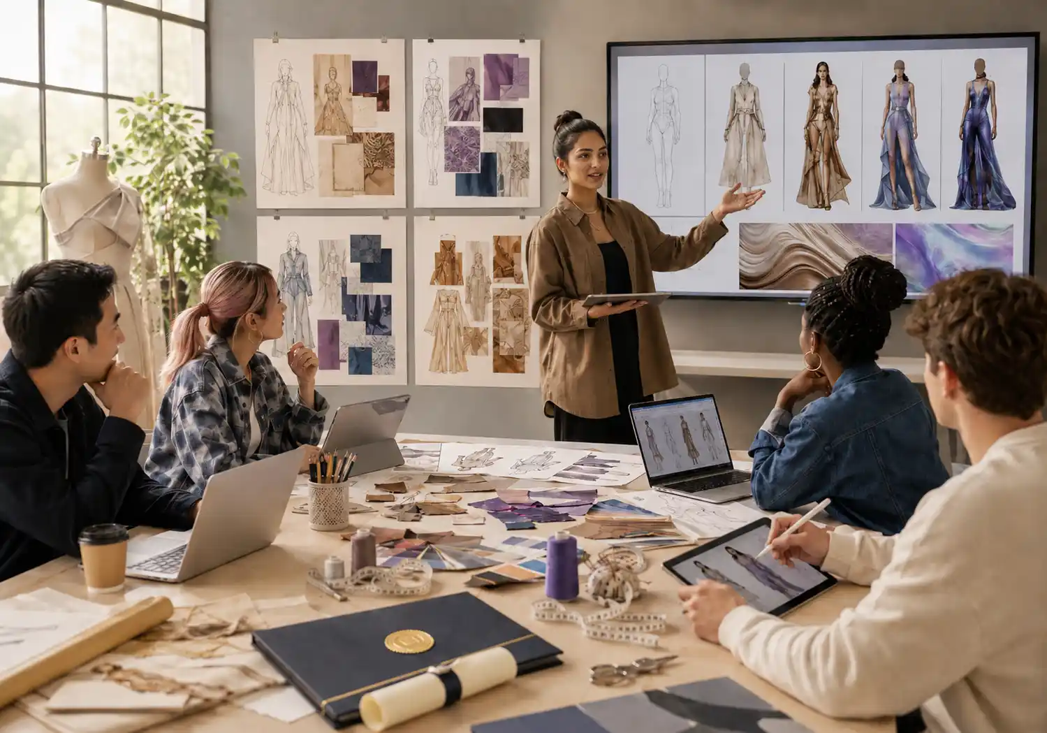 Free, 4-session arc from runway inspiration to a sealed AI Fashion Certification and a public Showroom page. No fashion background required.