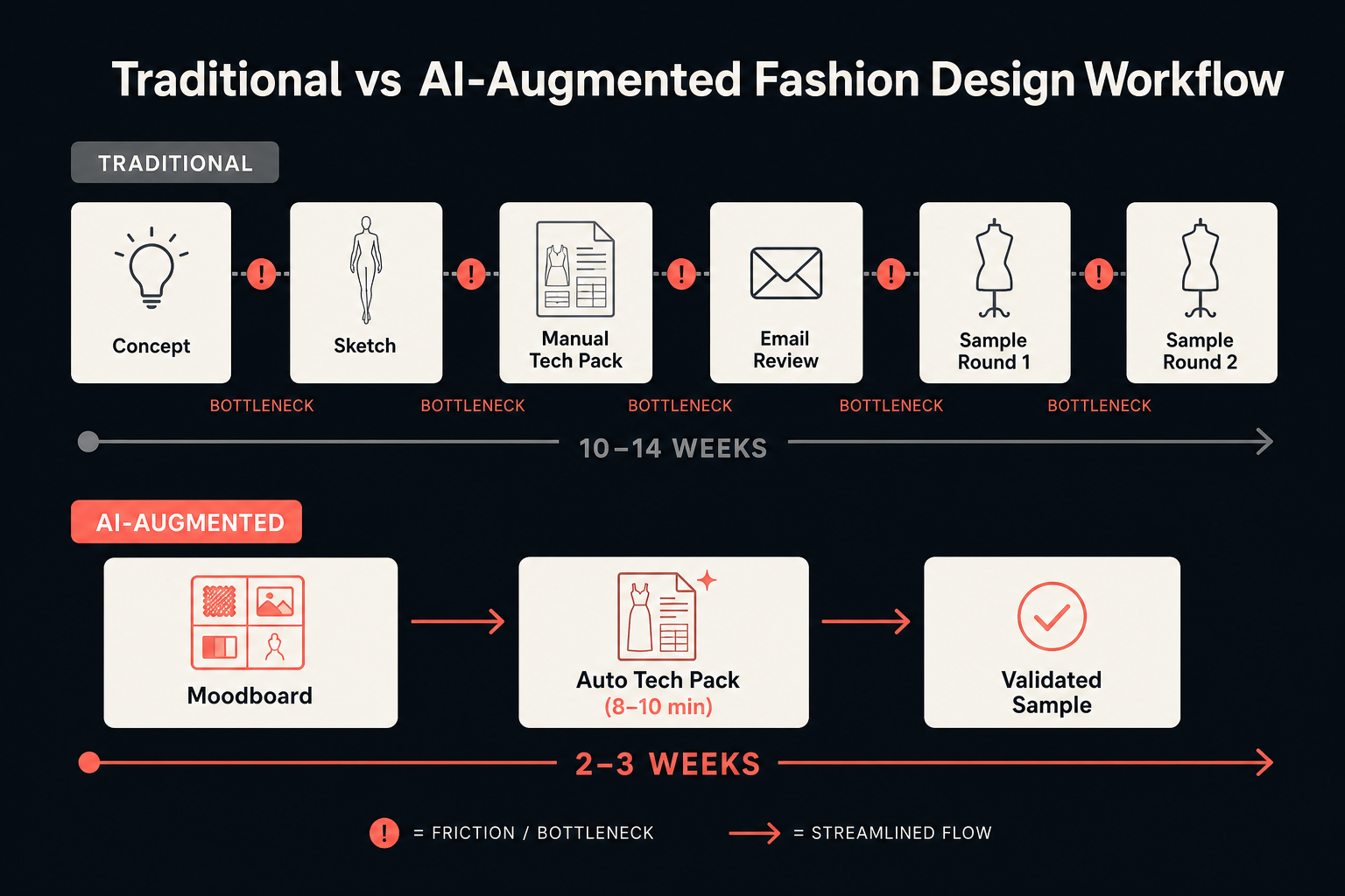 Diagram showing a traditional vs. AI-augmented fashion design workflow. The traditional path has multiple bottlenecks, while the AI path shows a direct, accelerated route from concept to tech pack.