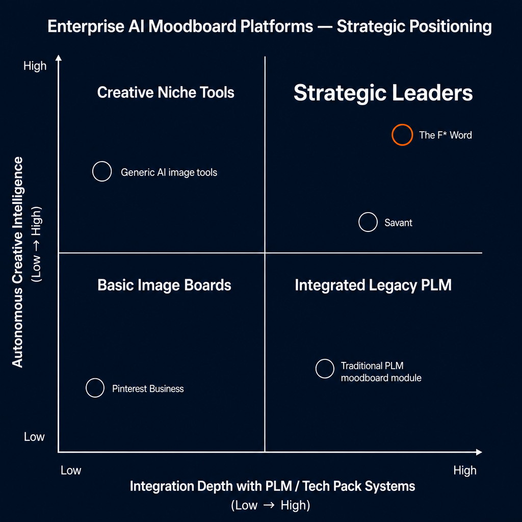 2x2 strategic matrix plotting enterprise AI moodboard platforms by integration depth and creative intelligence