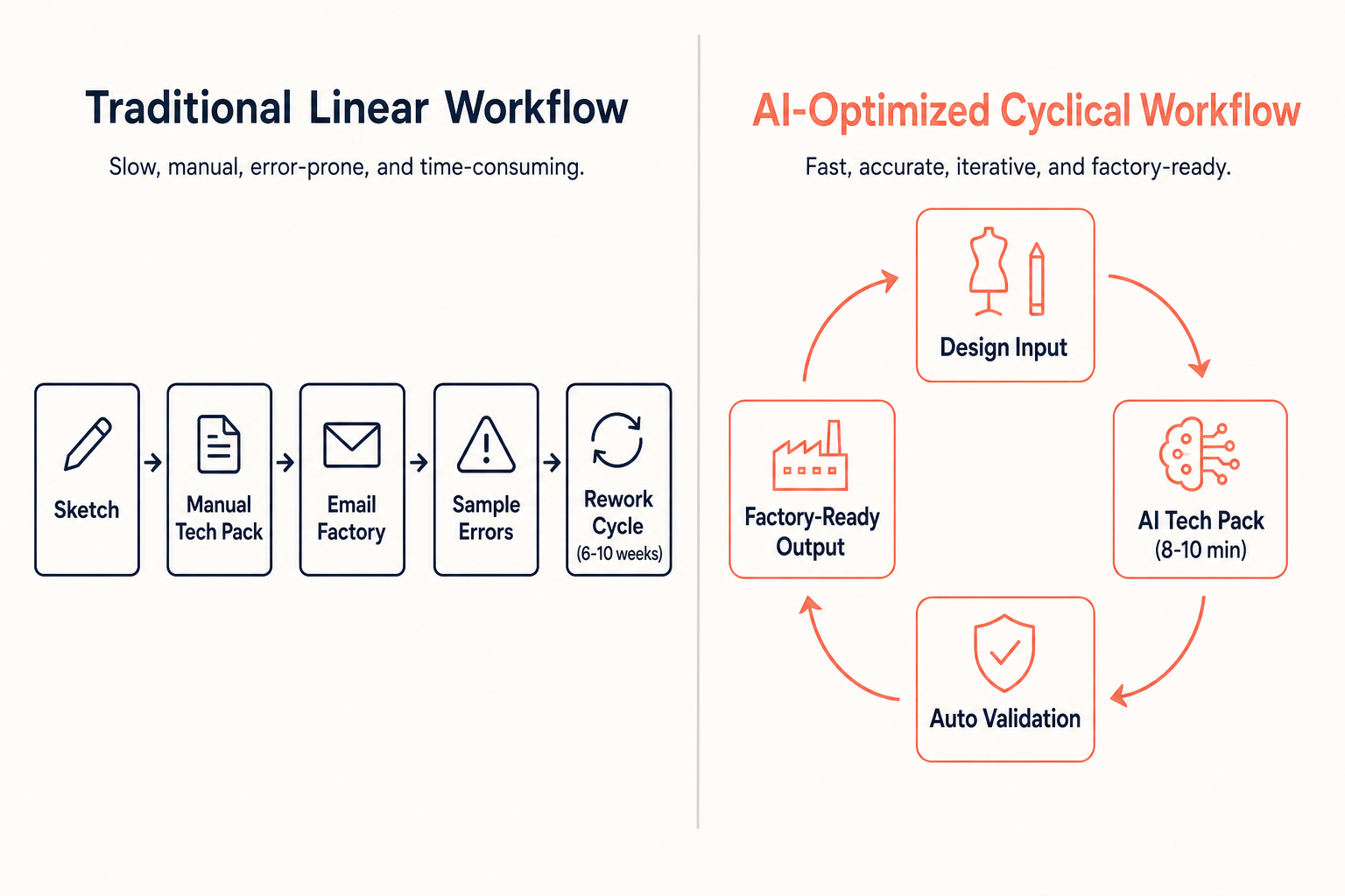 Flow chart comparing traditional linear product development workflow with a cyclical, AI-optimized workflow for fashion.