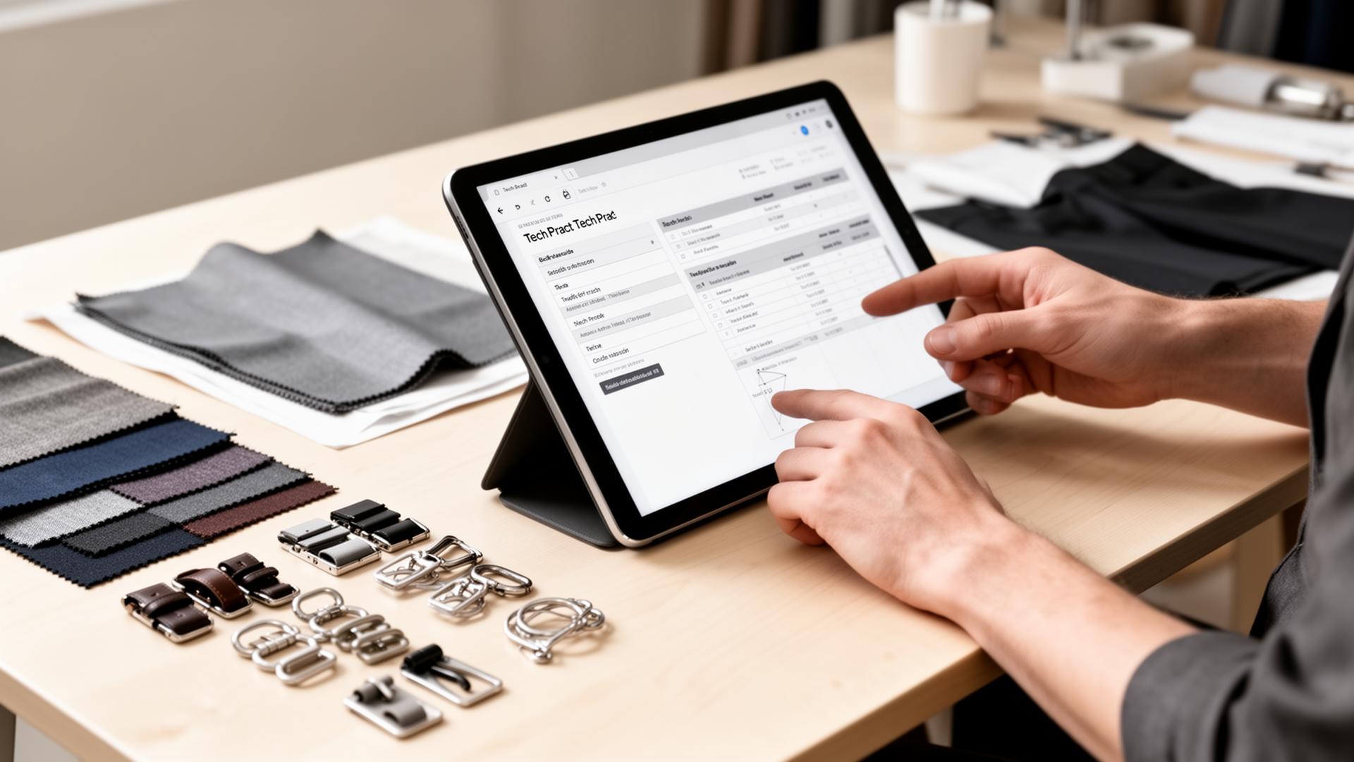 A designer reviews an AI-generated bill of materials on a tablet, with fabric swatches nearby.