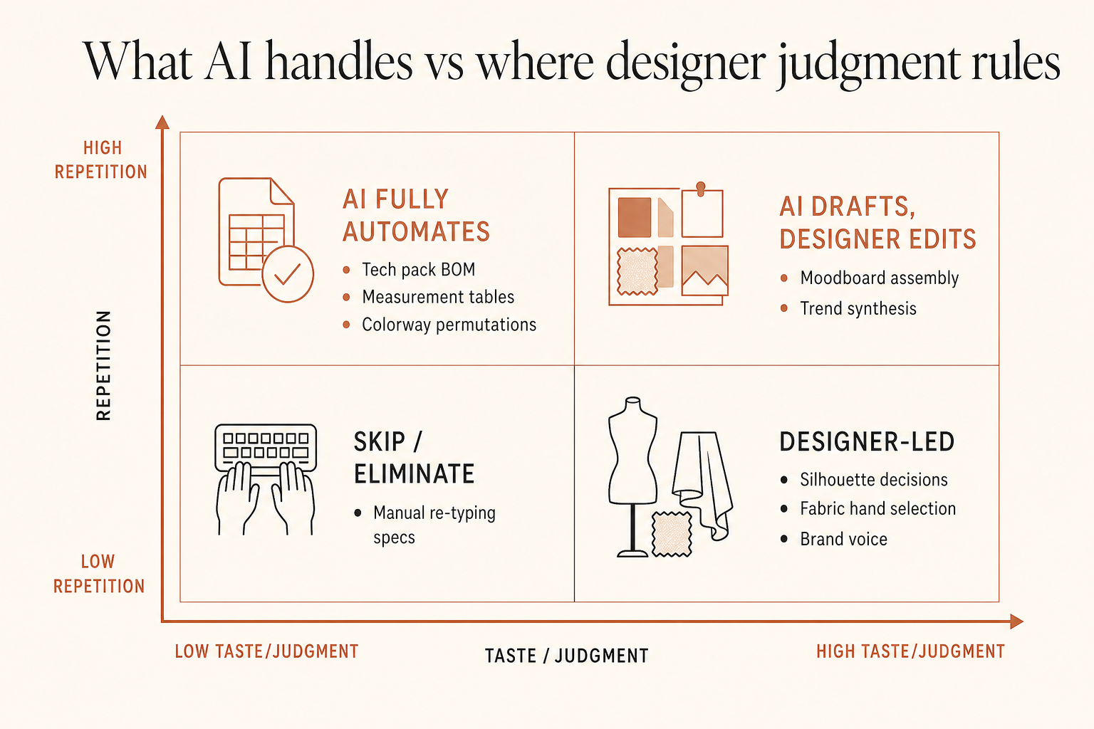 Where judgment and taste still rule: 2x2 matrix plotting taste and judgment against task repetition to show what AI automates, what AI drafts, what to eliminate, and what stays designer-led