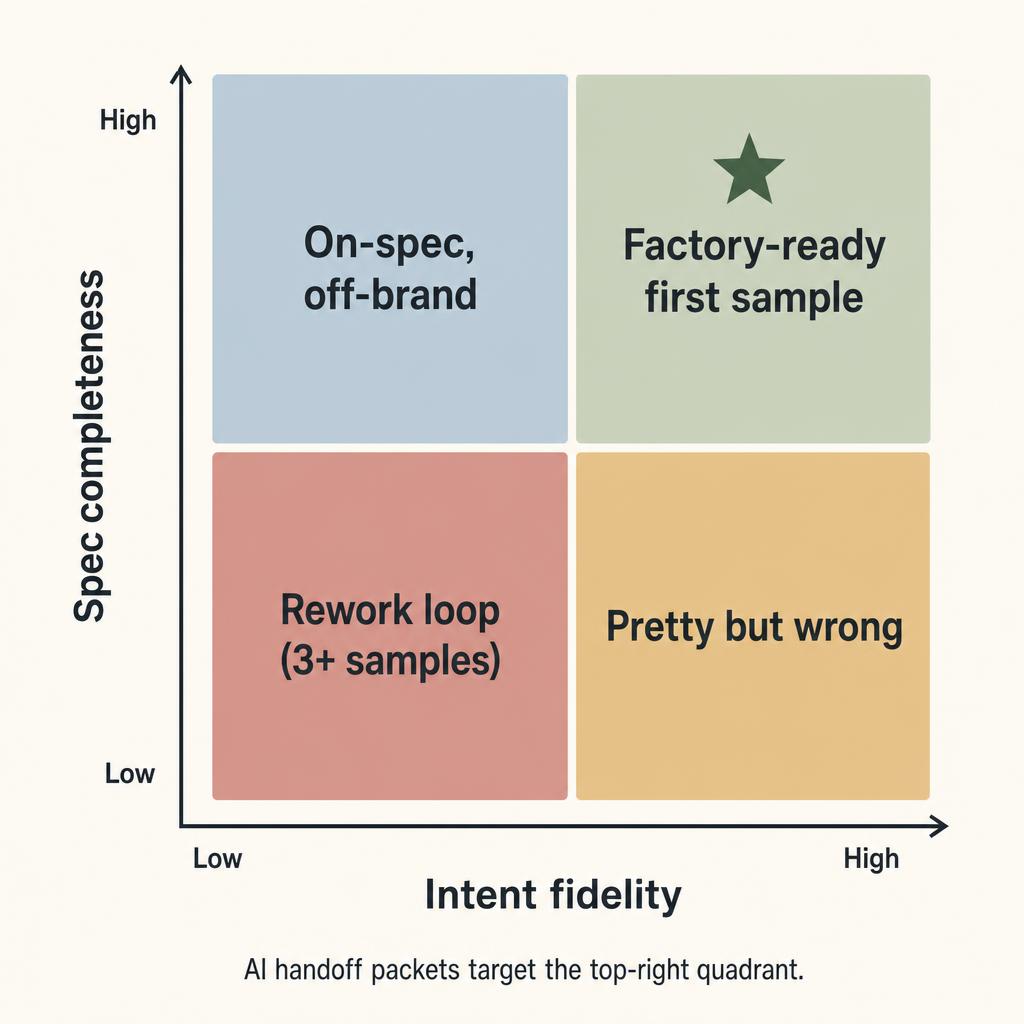 2x2 quadrant matrix mapping spec completeness against intent fidelity for AI handoff packets