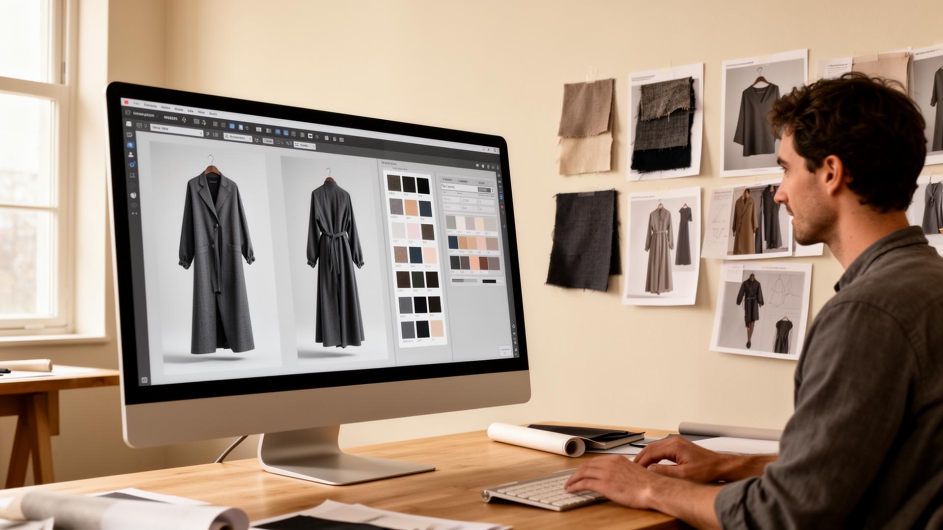 Creative director reviewing AI-generated garment renders alongside fabric swatches in a studio