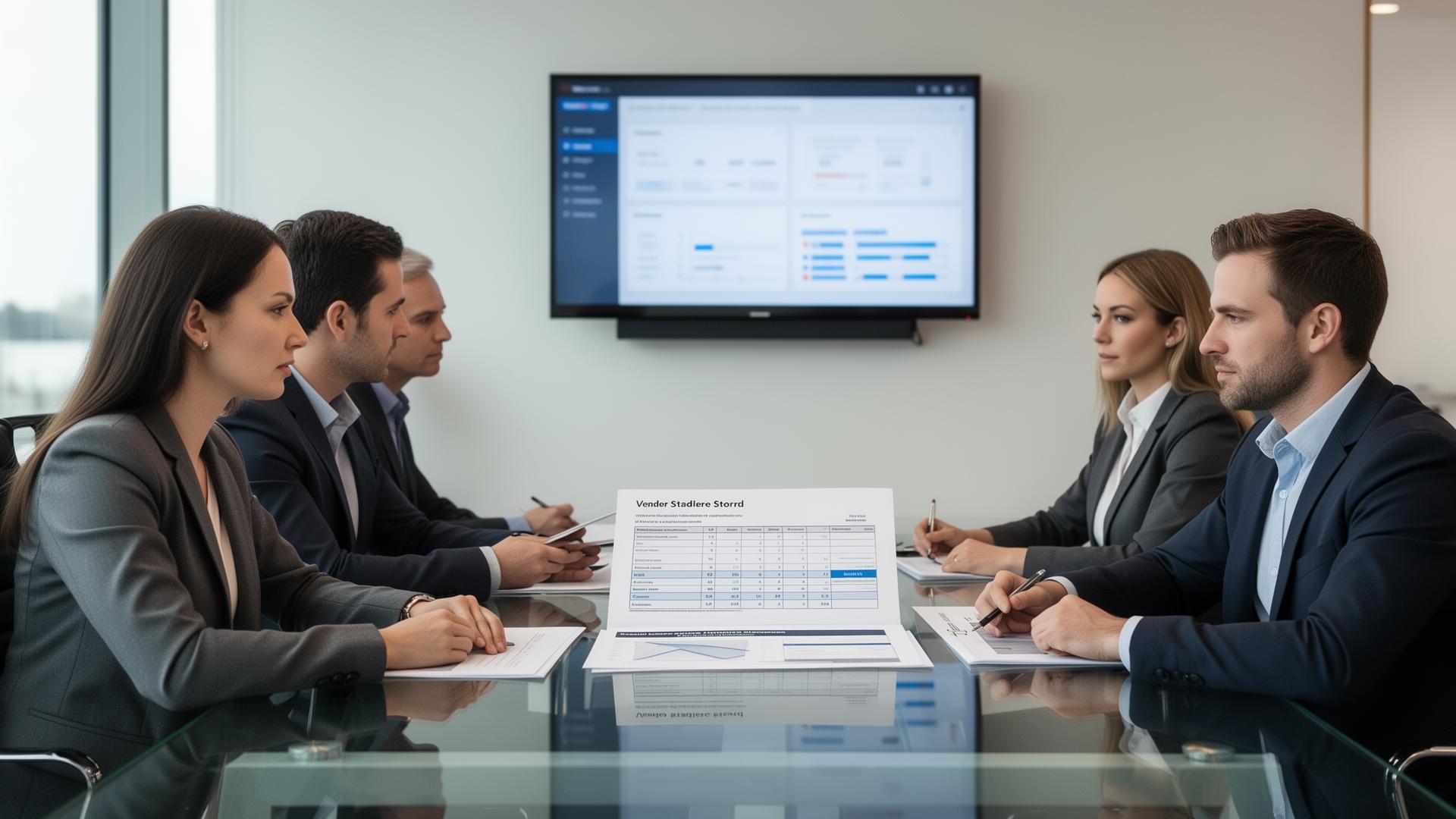 Enterprise fashion procurement committee reviewing a vendor scorecard around a glass conference table