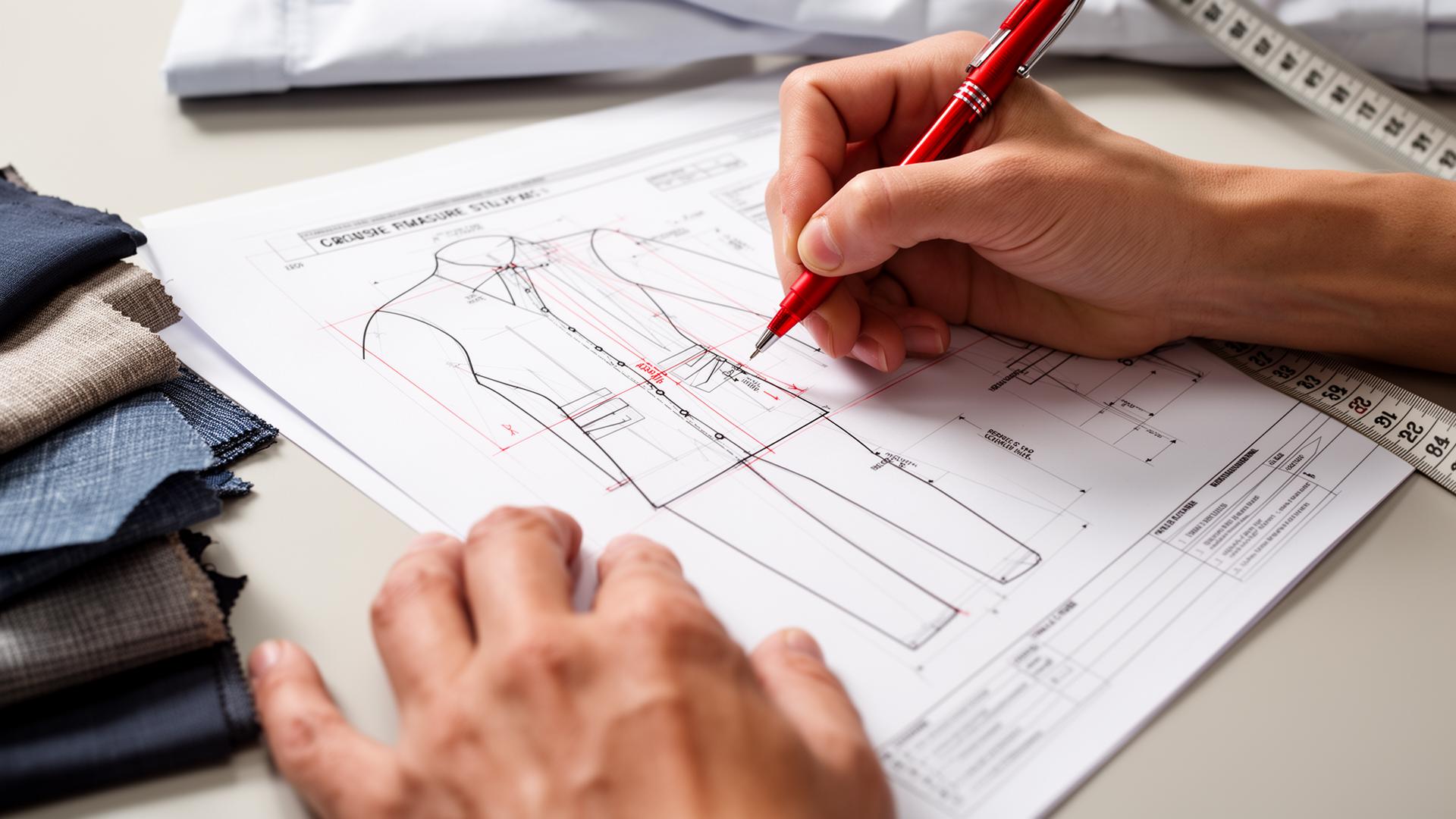 Technical designer annotating points of measure on a printed garment tech pack with red pen