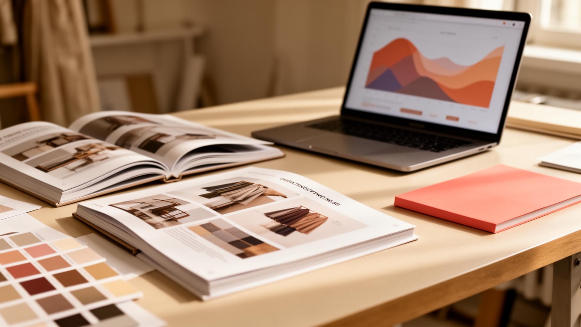 Designer studio desk with printed trend forecast books, color swatches, and a laptop showing a trend chart