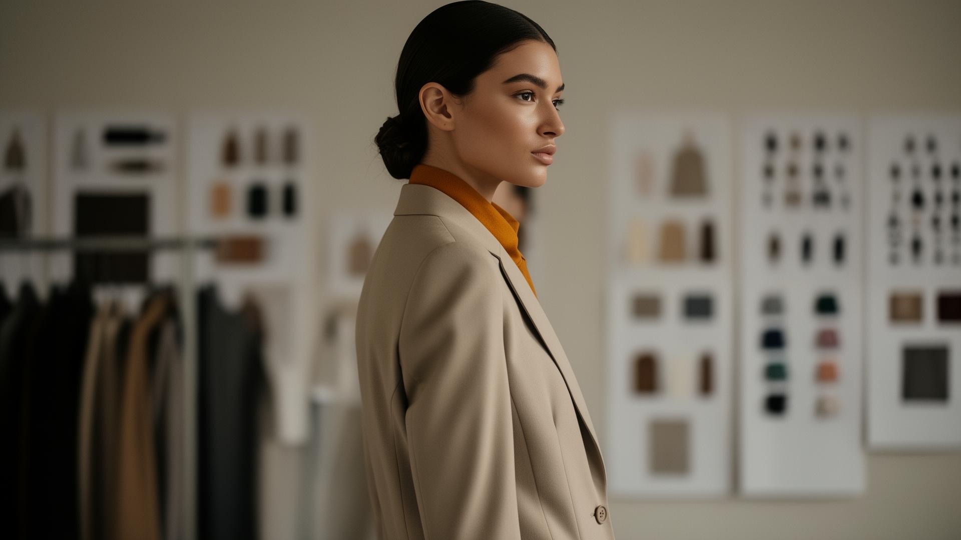 Fashion designer in a tailored beige blazer with an orange turtleneck standing in a studio with fabric swatches on the wall