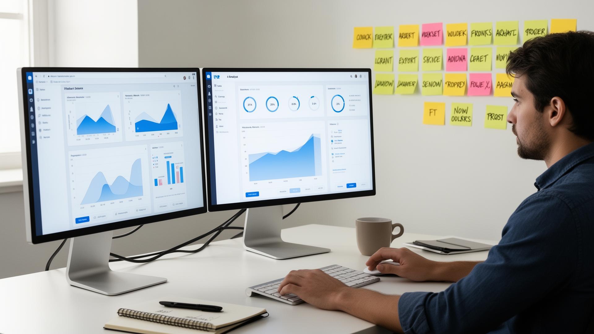 Social analyst at a dual-monitor desk reviewing analytics dashboards with hand-written keyword sticky notes on the wall