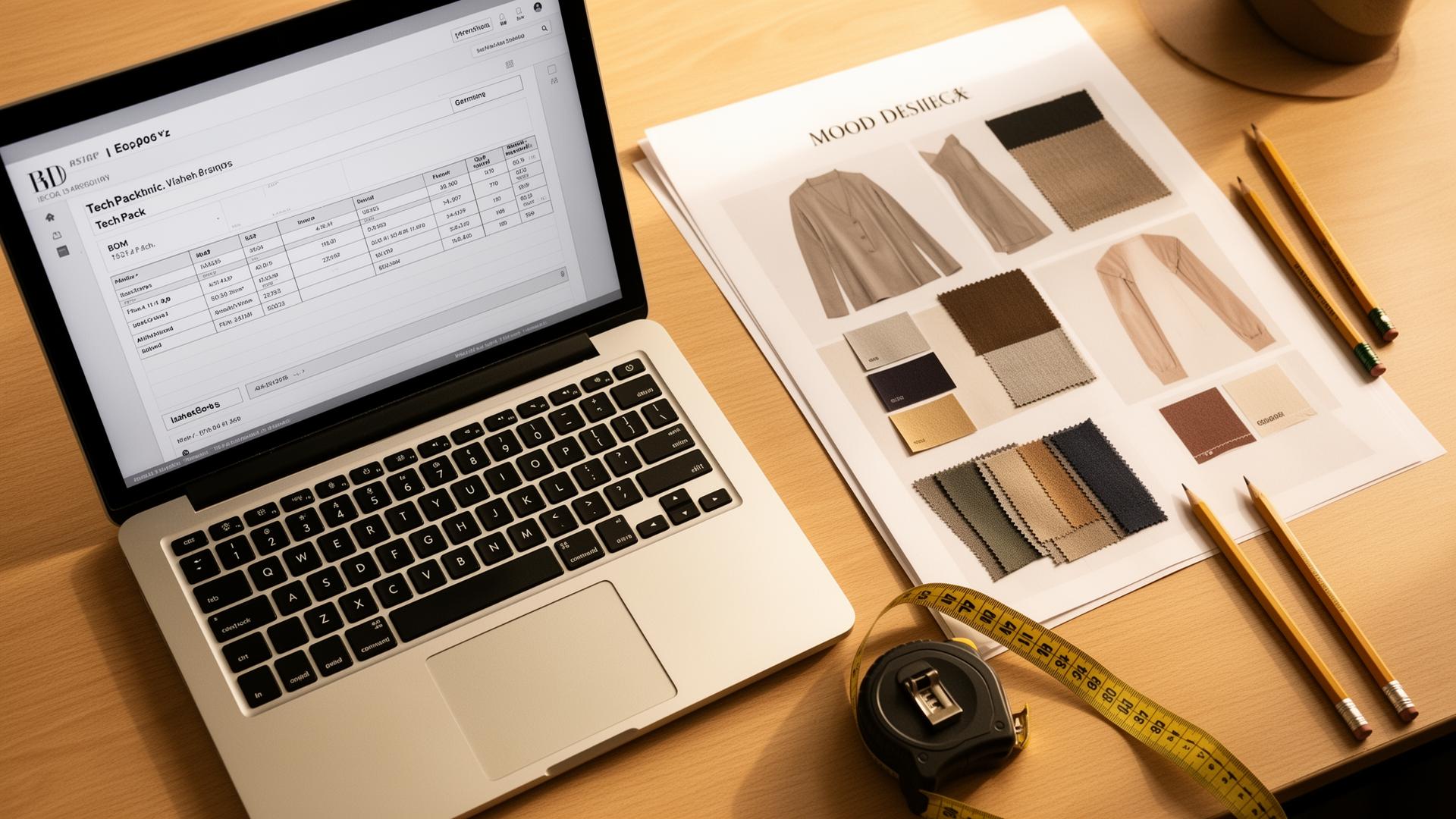 Designer workspace with tech pack on screen, moodboard, fabric swatches and color chips