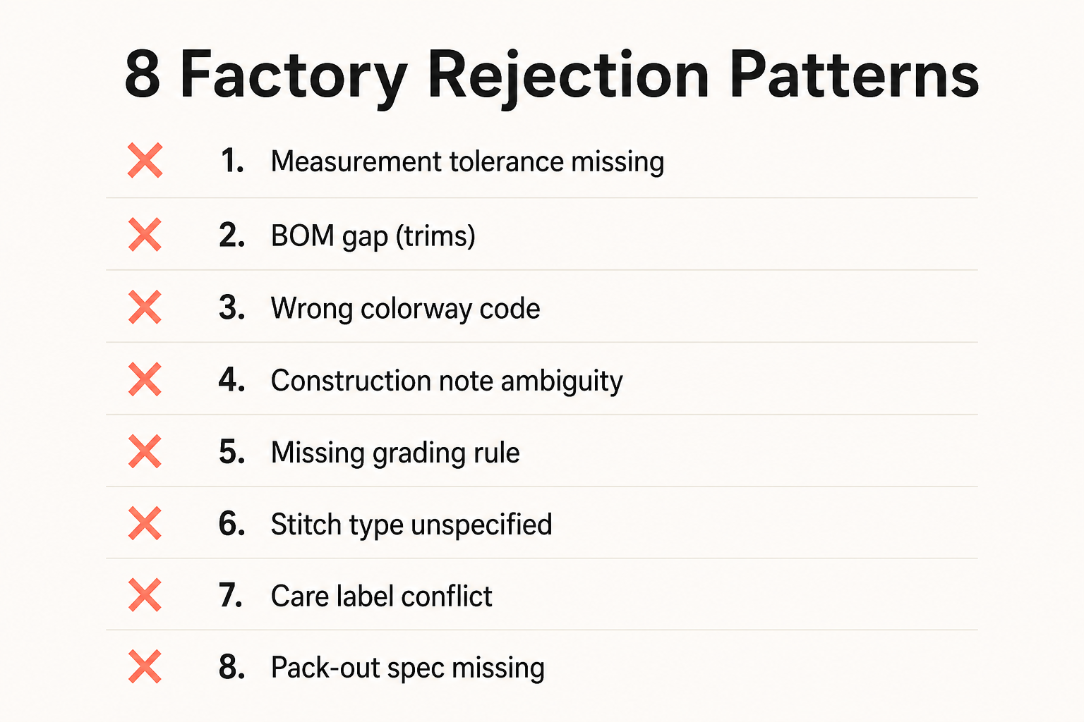 Eight repeating tech pack factory rejection patterns checklist